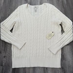 St Johns Bay Cable Knit V-Neck Sweater Womens Plus 0X Ivory Cotton Nylon NEW